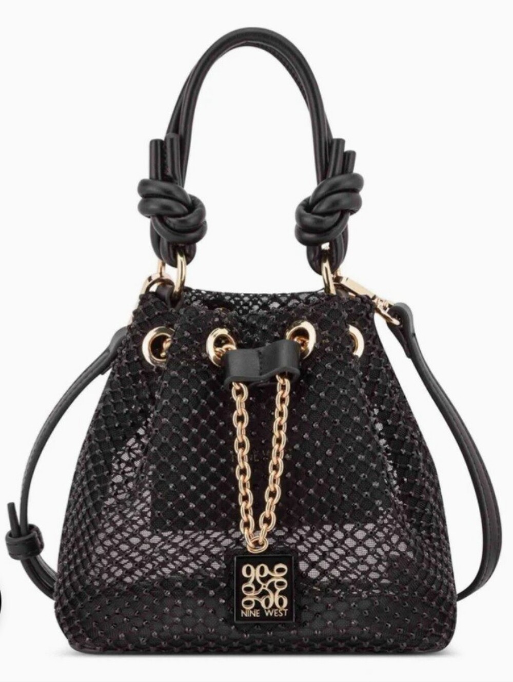 Nine West Black Sequin Knotted-Handle Drawstring Mini Bucket Bag